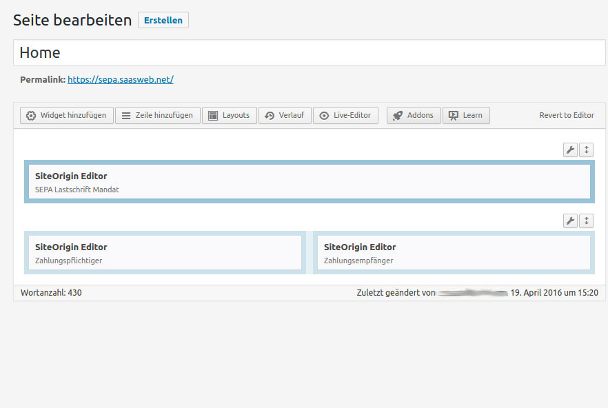 WordPress SEPA Lastschriftmandat - Layout Struktur mit Site Origin Page Builder