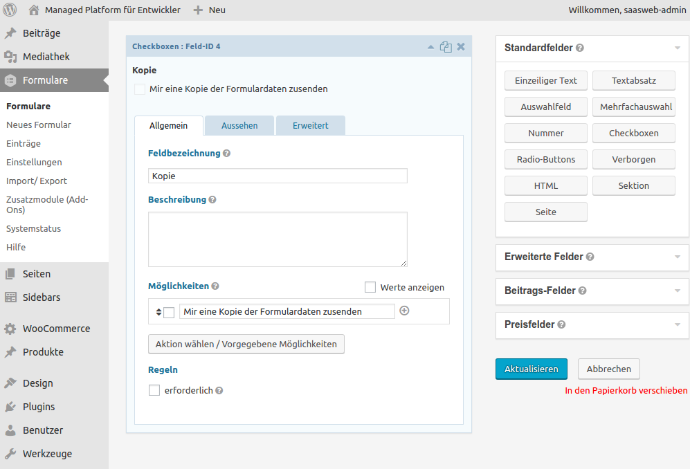 Schritt 1: Checkbox einfügen, damit der Absender die Kopie der abgeschickten Daten per E-Mail erhalten kann