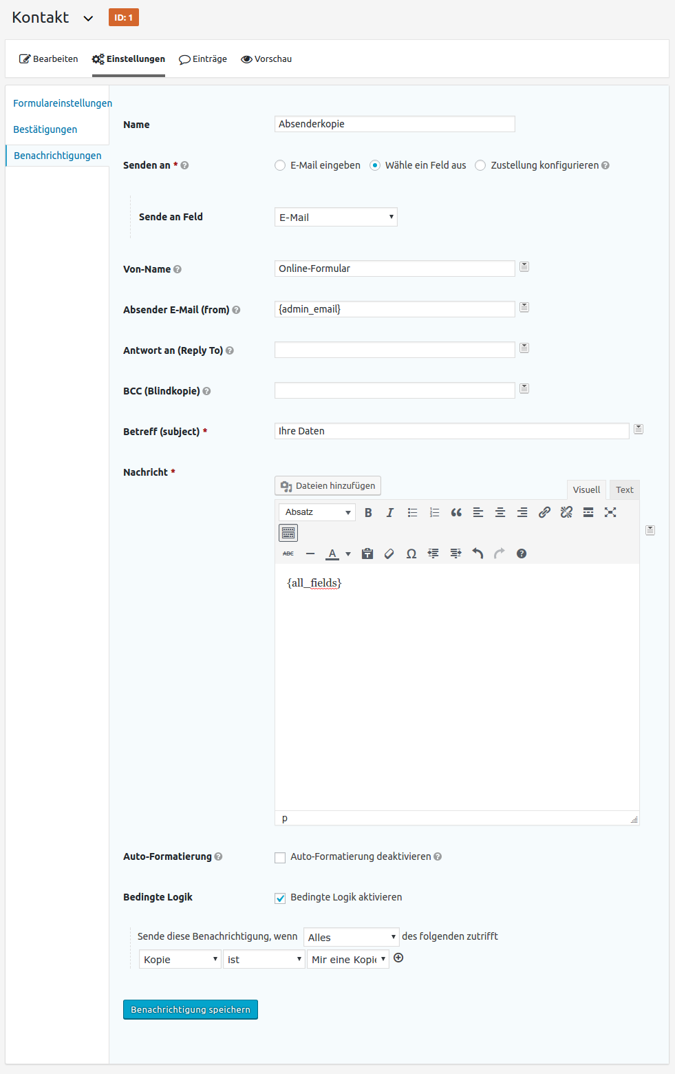 Schritt 2: Einrichtung der Benachrichtigung per E-Mail für den Absender des Formulars