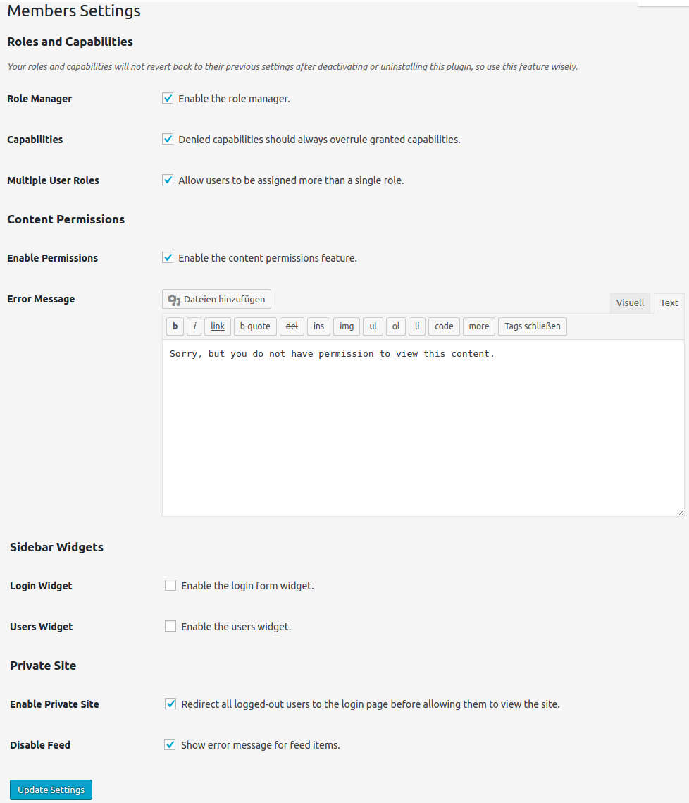 Einstellungen des Plugins Members