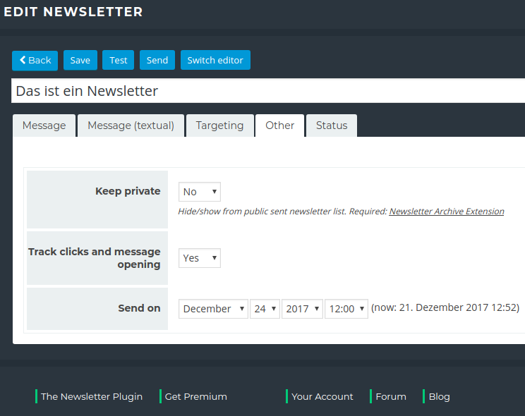 Newsletter Plugin – New Mailing – Sending Settings Newsletter Plugin - New Mailing - Sending Settings