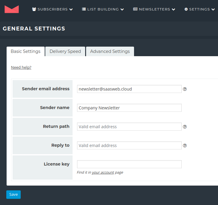 Newsletter Plugin – Settings – Sender Newsletter Plugin - Settings - Sender