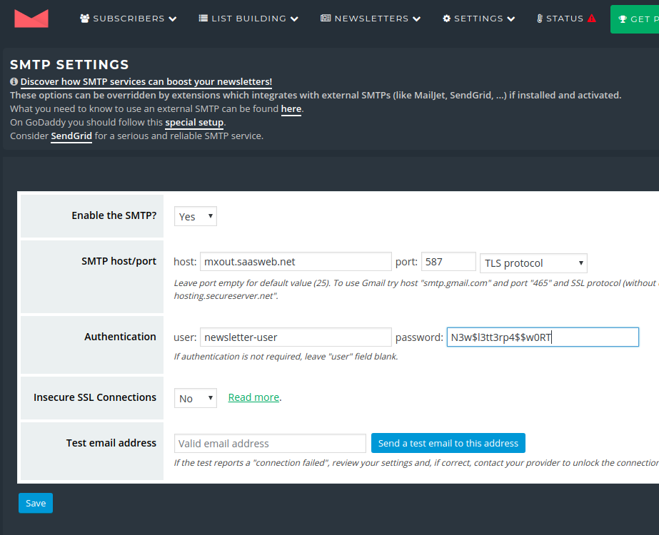 Newsletter Plugin – Settings – SMTP Newsletter Plugin - Settings - SMTP