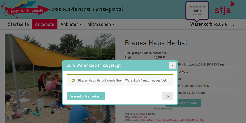 Ferien Karlsruhe: Warenkorb Zeitlimit